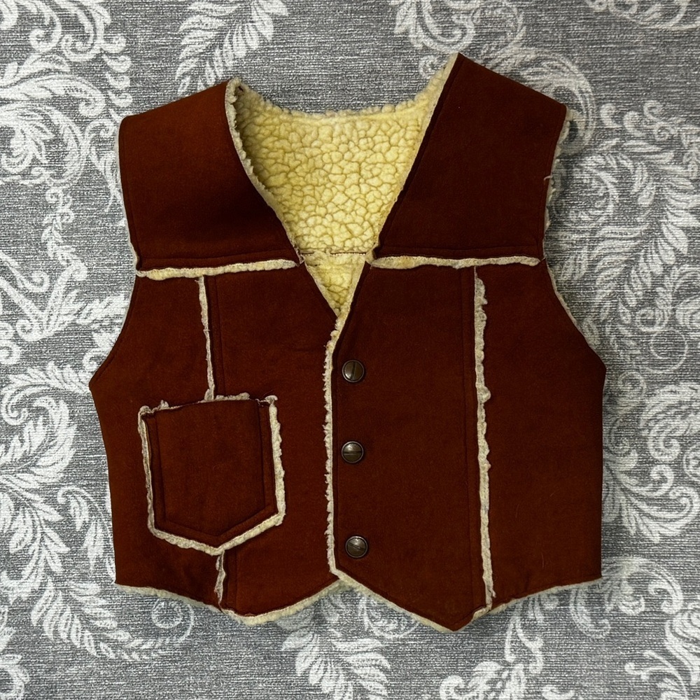 Vintage 1970s Kids Brown Suede Faux Shearling Western Vest